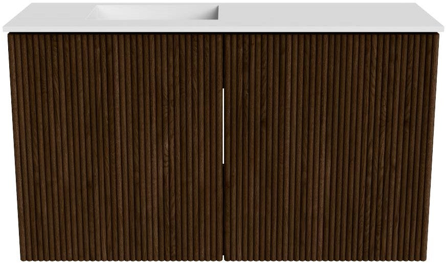 JOYA 70cm toiletmeubel kleur Walnut. Wastafel FAYE positie Links Zonder kraangat kleur Talc.