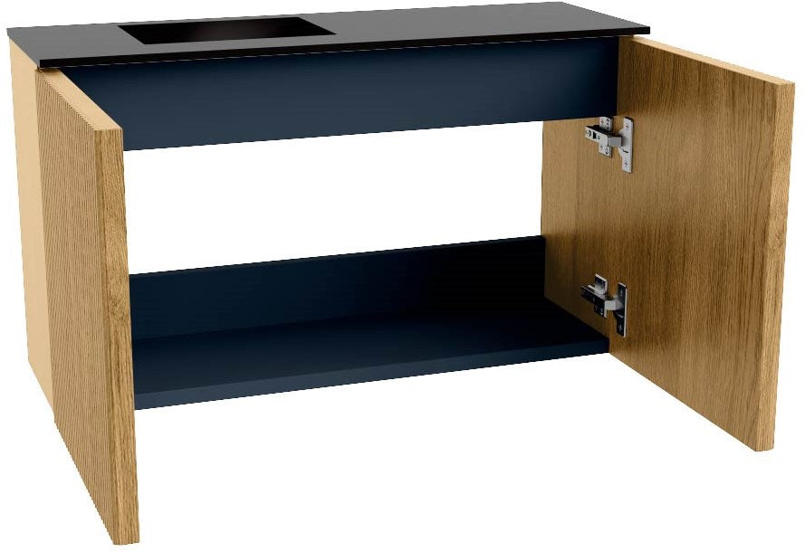 JOYA 70cm toiletmeubel kleur Oak. Wastafel FAYE positie Links 1 kraangat kleur Urban.