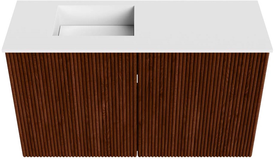 JOYA 70cm toiletmeubel kleur Ruby. Wastafel FAYE positie Links 1 kraangat kleur Talc.