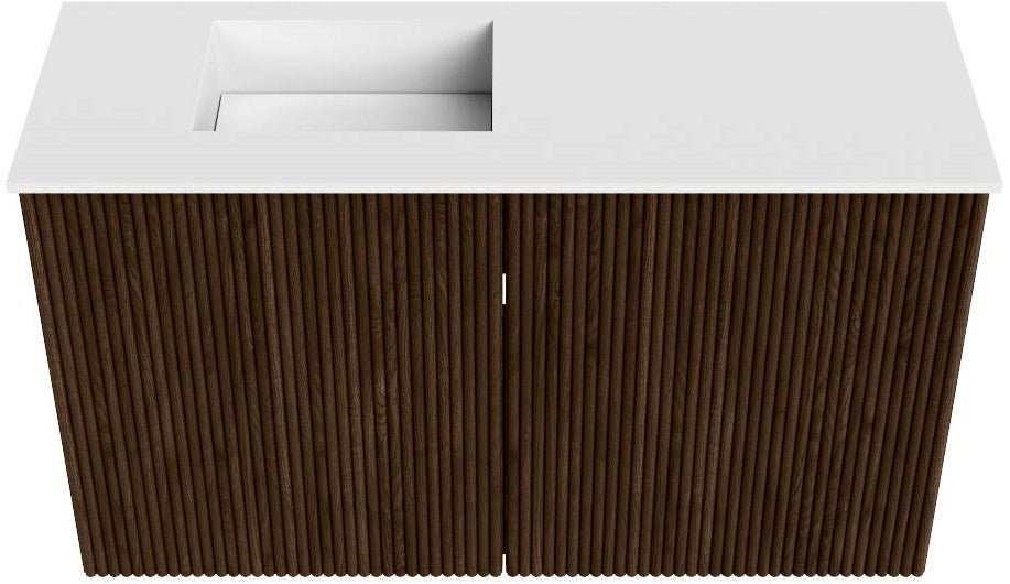 JOYA 70cm toiletmeubel kleur Walnut. Wastafel FAYE positie Links 1 kraangat kleur Talc.