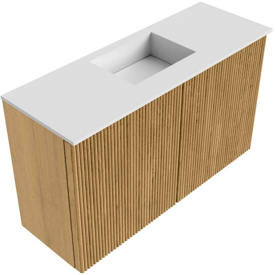 JOYA 70cm toiletmeubel kleur Oak. Wastafel FAYE positie Midden Zonder kraangat kleur Talc.
