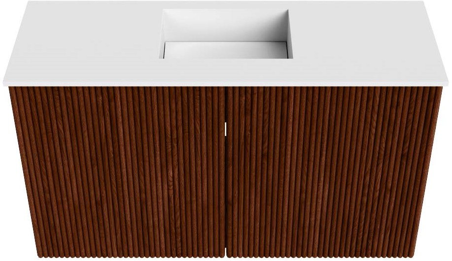 JOYA 70cm toiletmeubel kleur Ruby. Wastafel FAYE positie Midden Zonder kraangat kleur Talc.