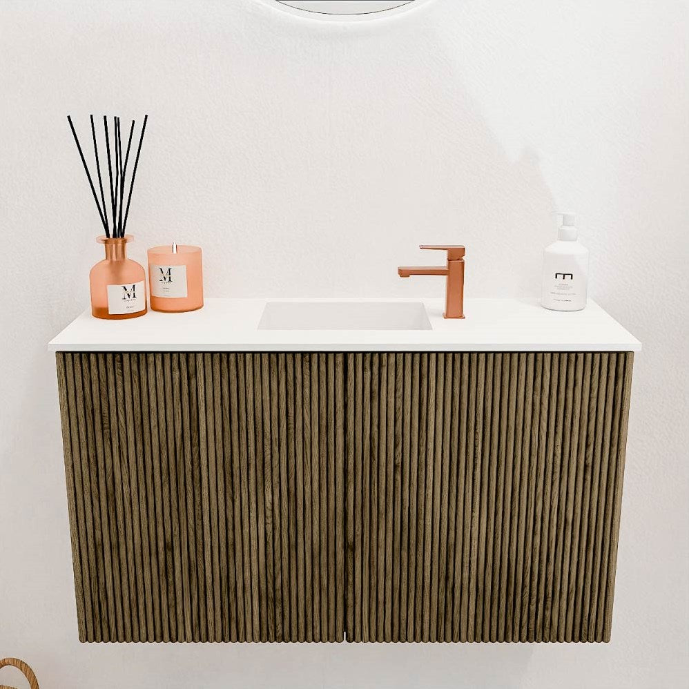 JOYA 70cm toiletmeubel kleur Dusk. Wastafel FAYE positie Midden 1 kraangat kleur Talc.