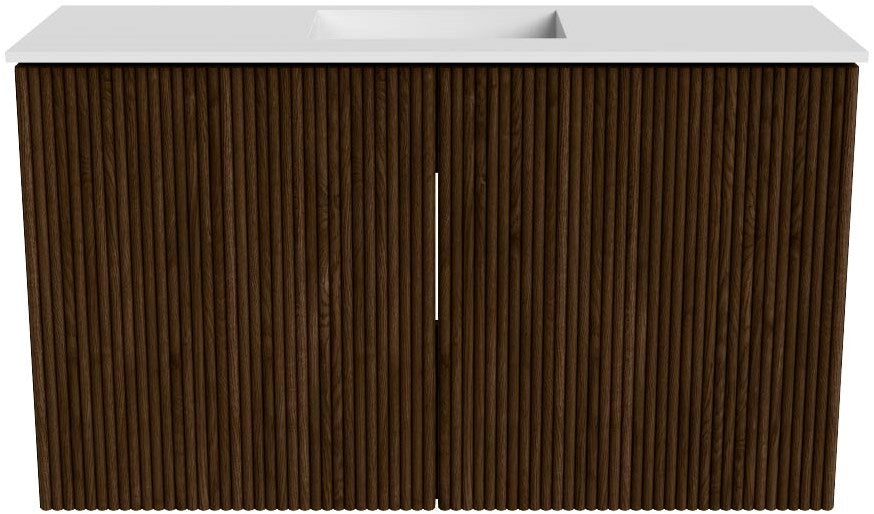 JOYA 70cm toiletmeubel kleur Walnut. Wastafel FAYE positie Midden 1 kraangat kleur Talc.