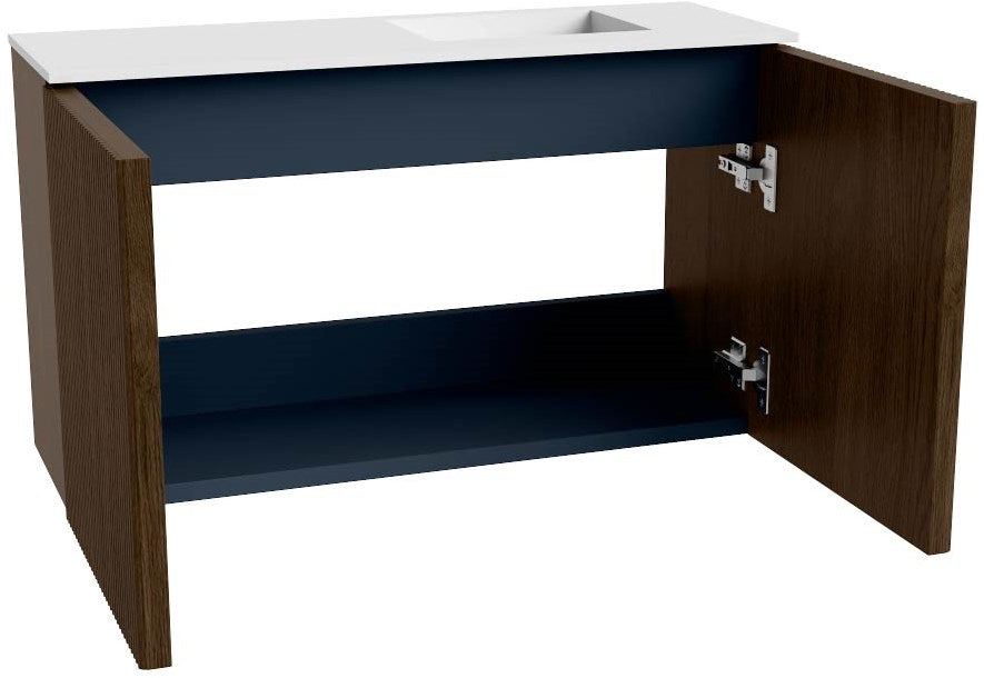 JOYA 70cm toiletmeubel kleur Walnut. Wastafel FAYE positie Midden Zonder kraangat kleur Urban.