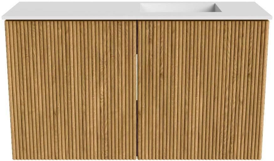 JOYA 70cm toiletmeubel kleur Oak. Wastafel FAYE positie Rechts 1 kraangat kleur Talc.