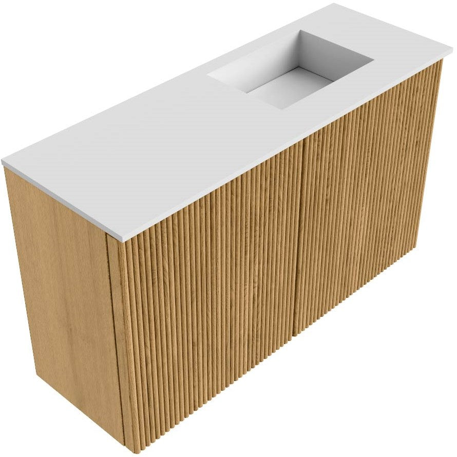 JOYA 70cm toiletmeubel kleur Oak. Wastafel FAYE positie Rechts 1 kraangat kleur Talc.