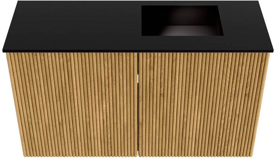 JOYA 70cm toiletmeubel kleur Oak. Wastafel FAYE positie Rechts 1 kraangat kleur Urban.