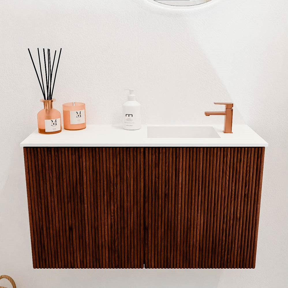 JOYA 70cm toiletmeubel kleur Ruby. Wastafel FAYE positie Rechts 1 kraangat kleur Talc.