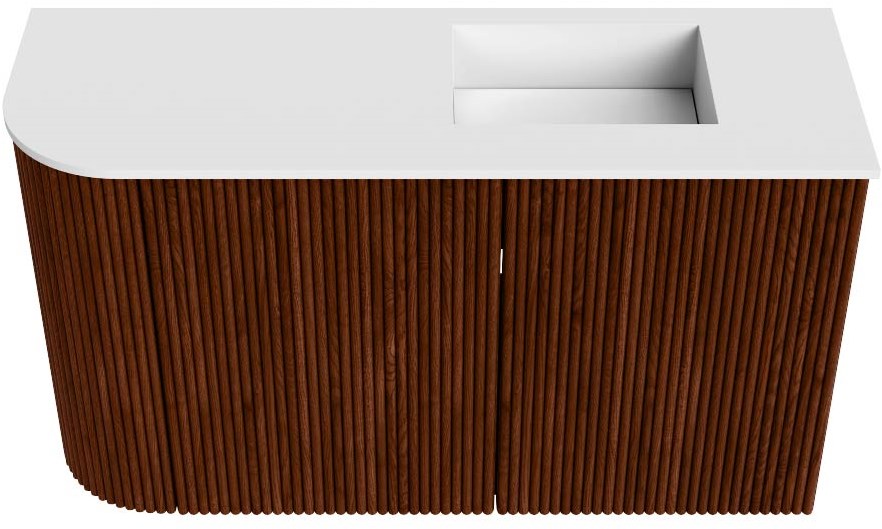 JOYA 71,6cm toiletmeubel ronding links kleur Ruby. Wastafel FAYE positie Rechts Zonder kraangat kleur Talc.