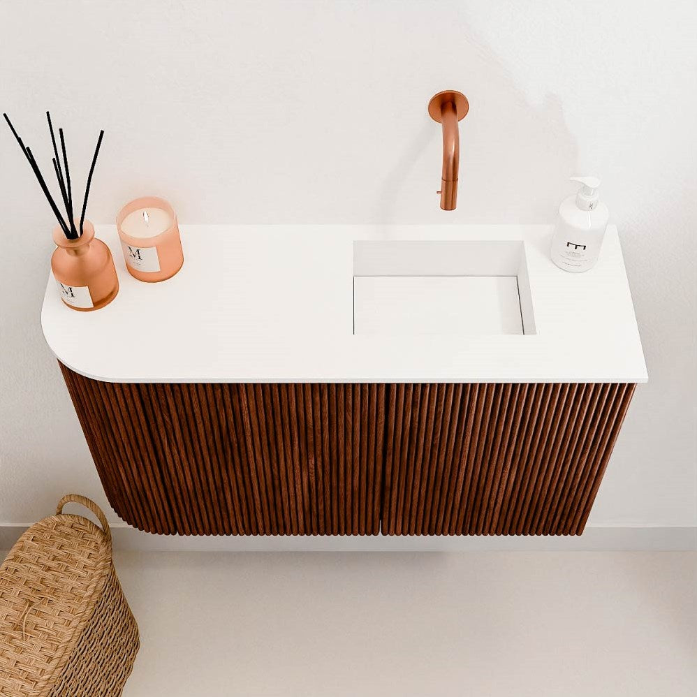 JOYA 71,6cm toiletmeubel ronding links kleur Ruby. Wastafel FAYE positie Rechts Zonder kraangat kleur Talc.