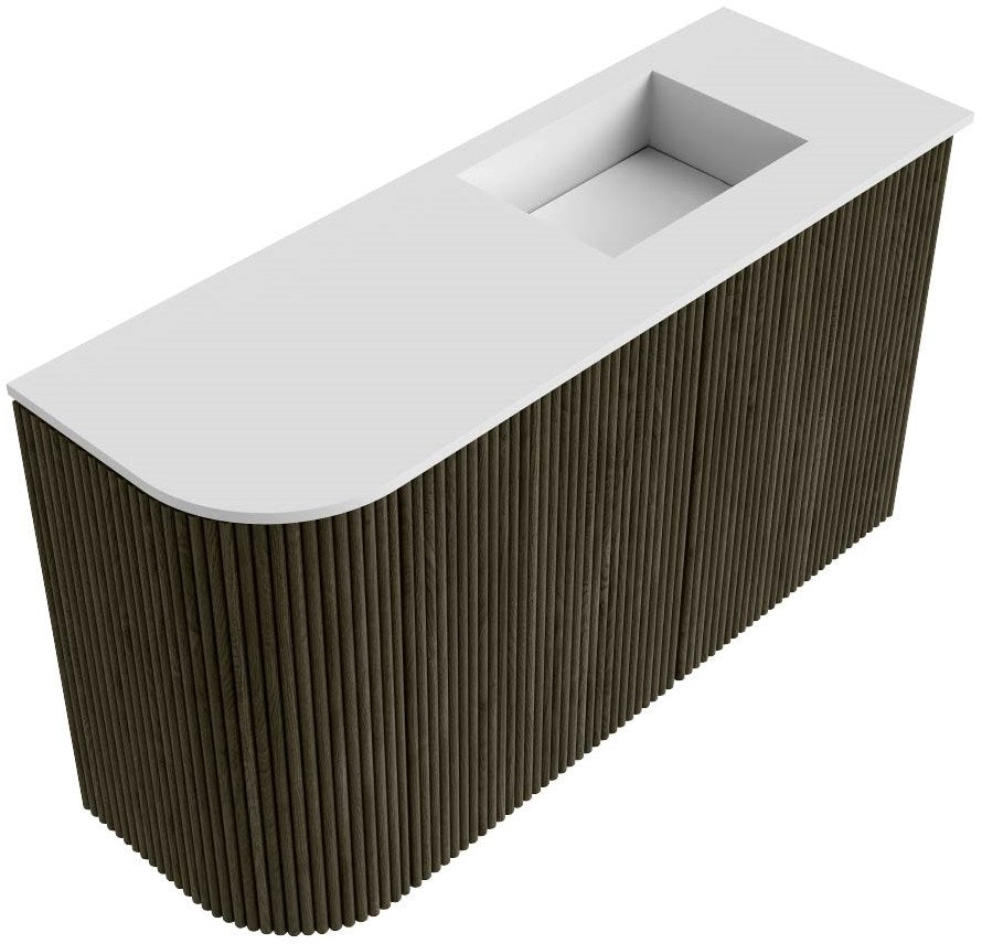 JOYA 71,6cm toiletmeubel ronding links kleur Shadow. Wastafel FAYE positie Rechts Zonder kraangat kleur Talc.
