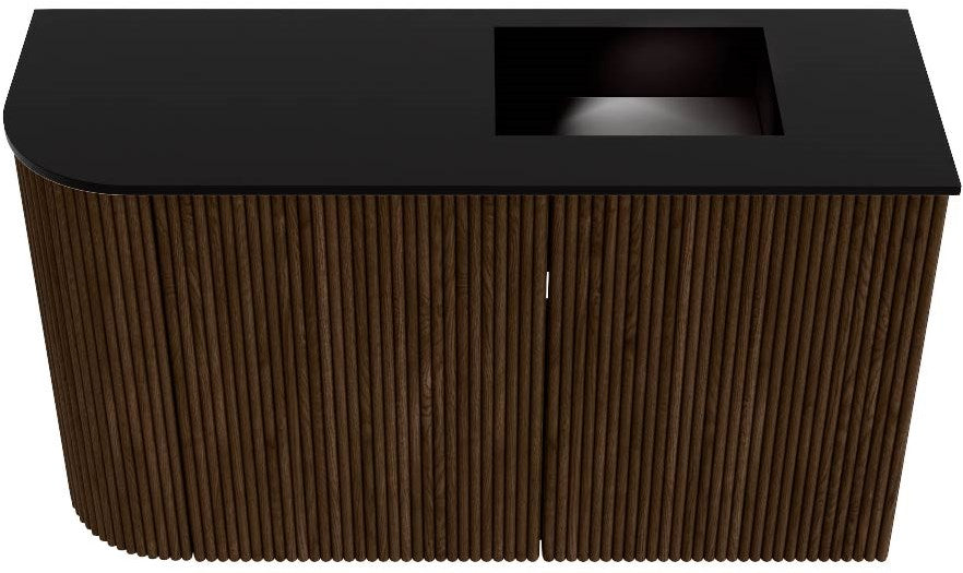 JOYA 71,6cm toiletmeubel ronding links kleur Walnut. Wastafel FAYE positie Rechts Zonder kraangat kleur Urban.