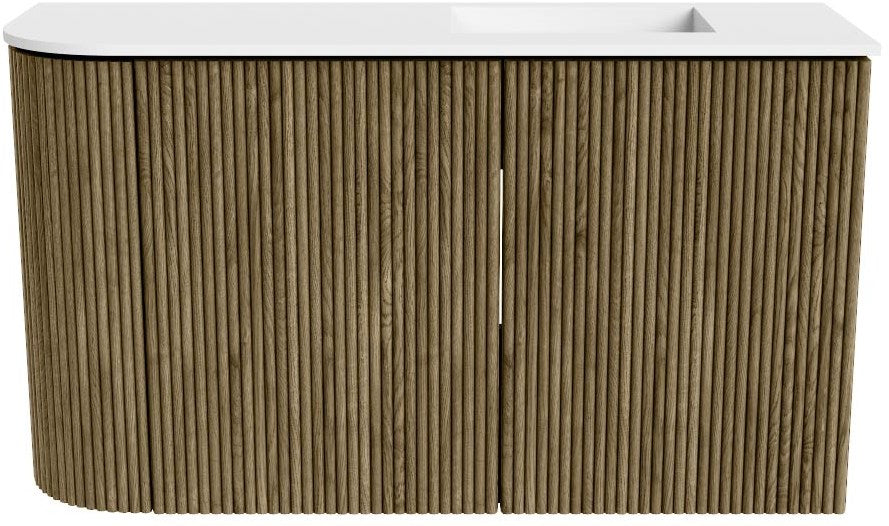 JOYA 71,6cm toiletmeubel ronding links kleur Dusk. Wastafel FAYE positie Rechts 1 kraangat kleur Talc.