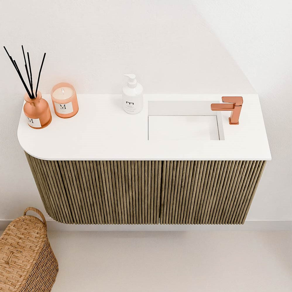 JOYA 71,6cm toiletmeubel ronding links kleur Dusk. Wastafel FAYE positie Rechts 1 kraangat kleur Talc.
