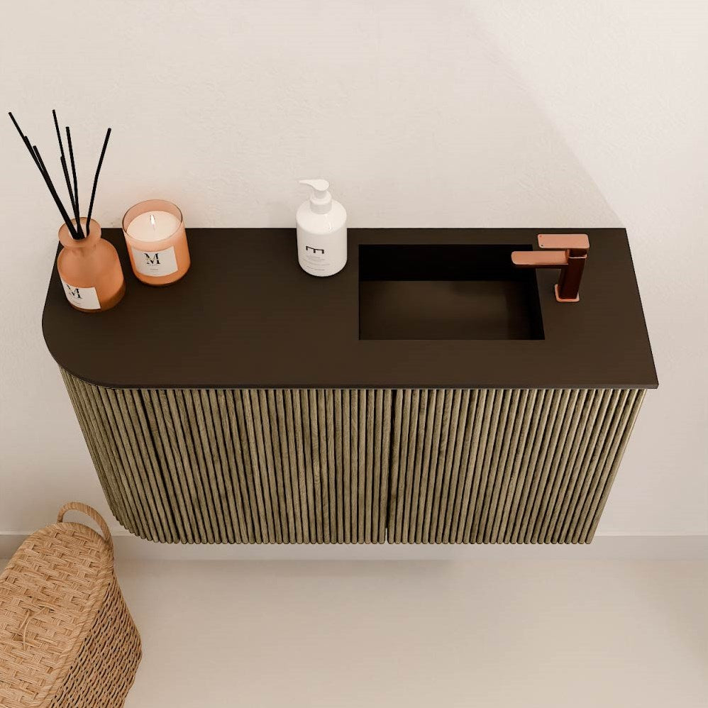 JOYA 71,6cm toiletmeubel ronding links kleur Dusk. Wastafel FAYE positie Rechts 1 kraangat kleur Urban.