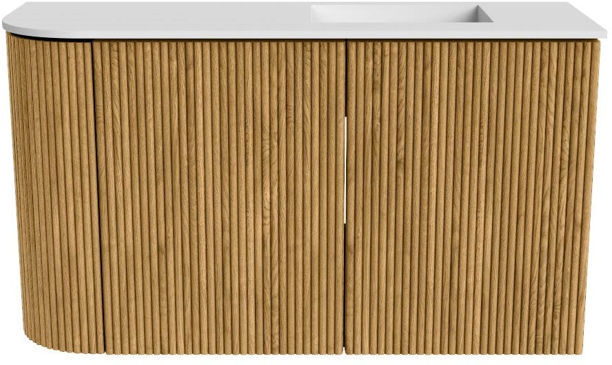 JOYA 71,6cm toiletmeubel ronding links kleur Oak. Wastafel FAYE positie Rechts 1 kraangat kleur Talc.