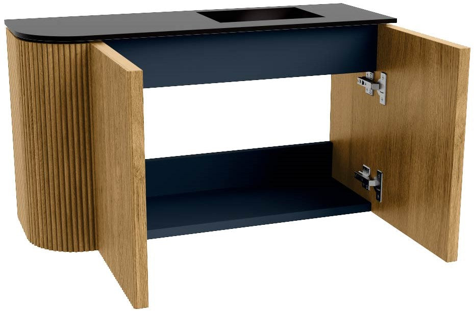 JOYA 71,6cm toiletmeubel ronding links kleur Oak. Wastafel FAYE positie Rechts 1 kraangat kleur Urban.