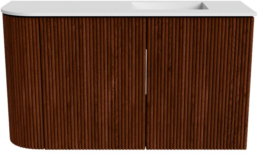 JOYA 71,6cm toiletmeubel ronding links kleur Ruby. Wastafel FAYE positie Rechts 1 kraangat kleur Talc.