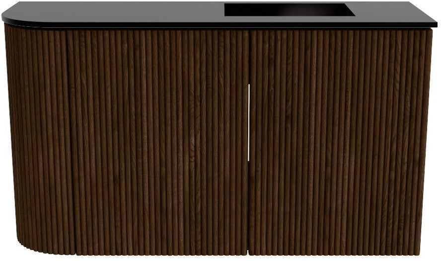JOYA 71,6cm toiletmeubel ronding links kleur Walnut. Wastafel FAYE positie Rechts 1 kraangat kleur Urban.