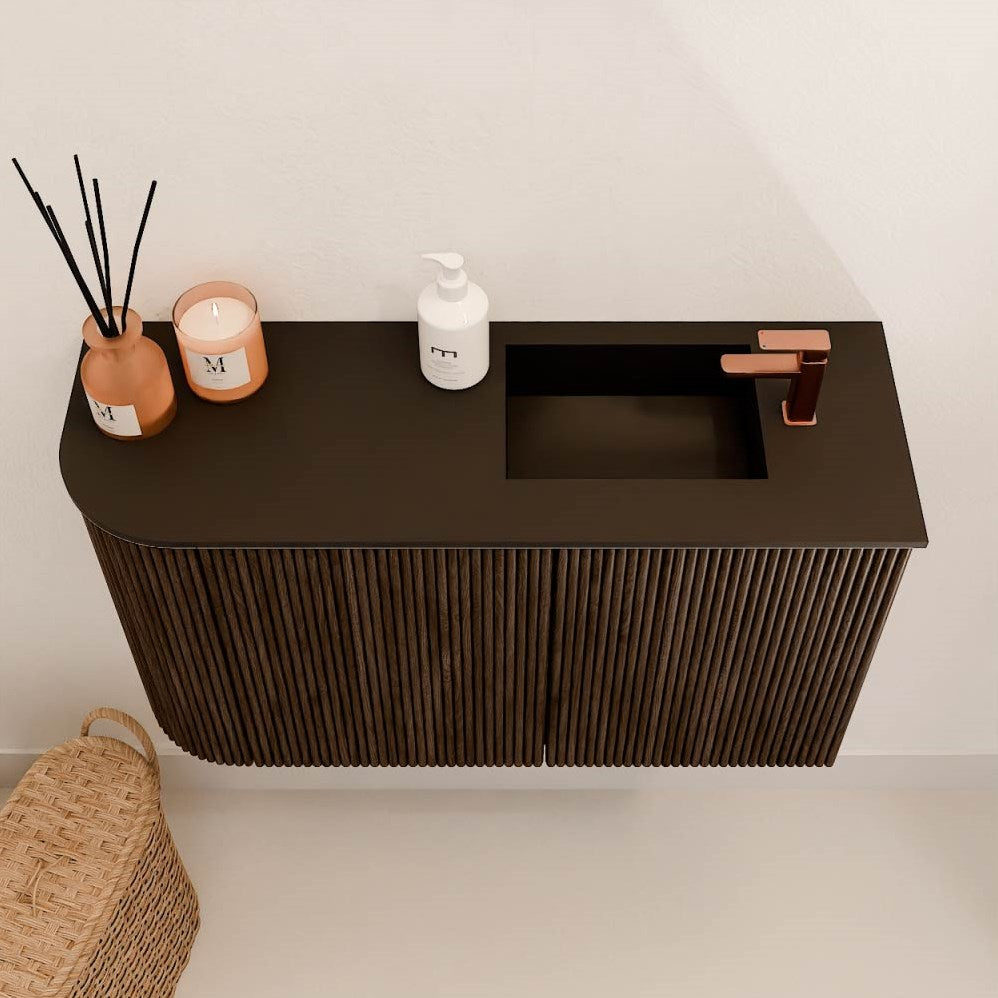JOYA 71,6cm toiletmeubel ronding links kleur Walnut. Wastafel FAYE positie Rechts 1 kraangat kleur Urban.