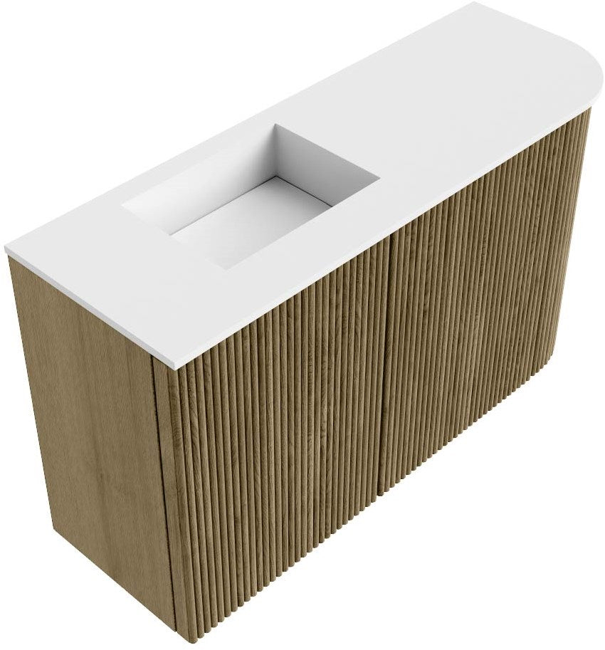 JOYA 71,6cm toiletmeubel ronding rechts kleur Dusk. Wastafel FAYE positie Links Zonder kraangat kleur Talc.