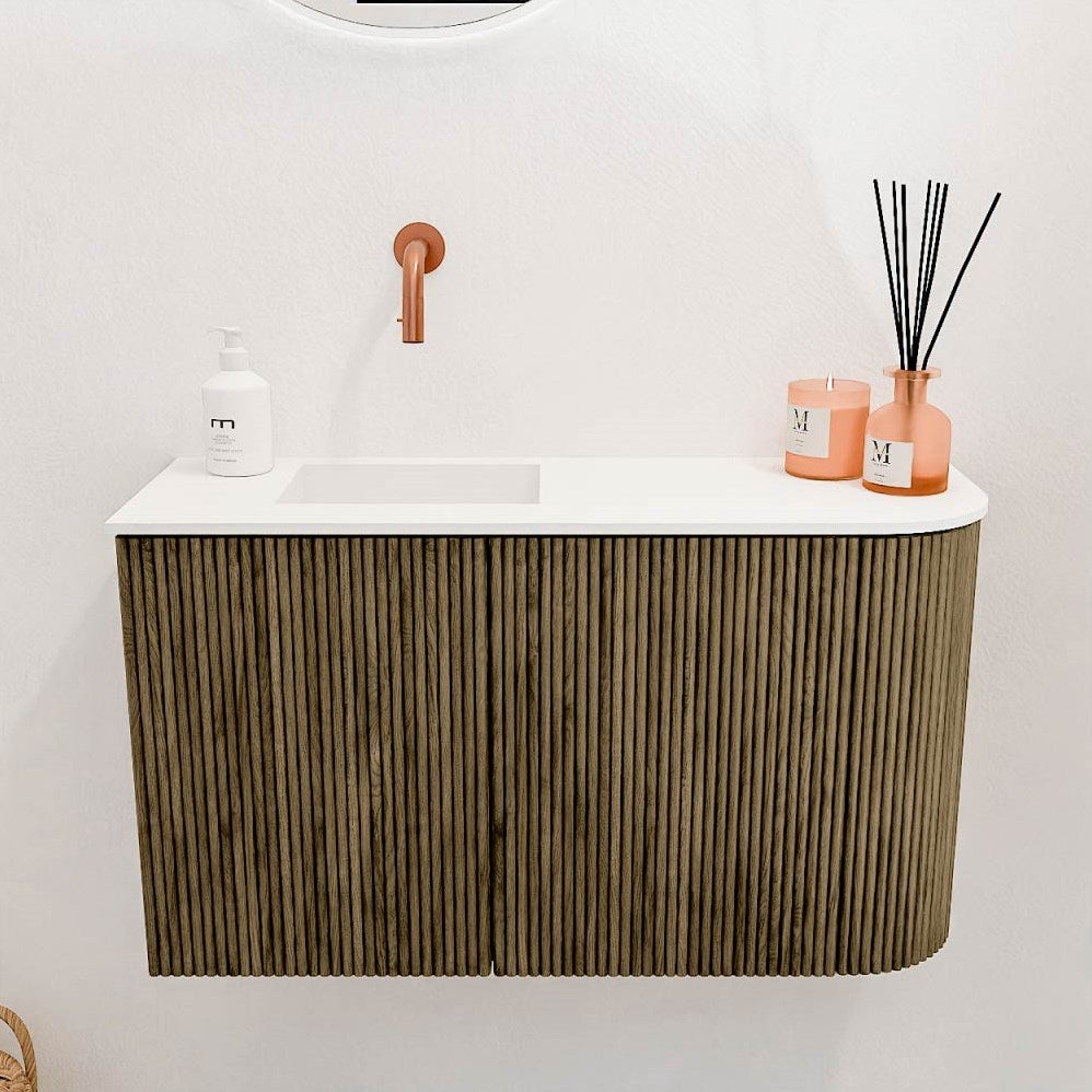 JOYA 71,6cm toiletmeubel ronding rechts kleur Dusk. Wastafel FAYE positie Links Zonder kraangat kleur Talc.