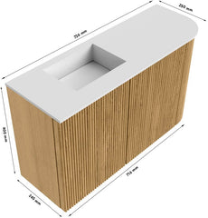 JOYA 71,6cm toiletmeubel ronding rechts kleur Oak. Wastafel FAYE positie Links Zonder kraangat kleur Talc.