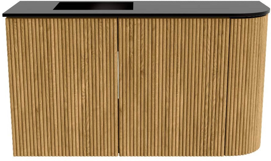 JOYA 71,6cm toiletmeubel ronding rechts kleur Oak. Wastafel FAYE positie Links Zonder kraangat kleur Urban.