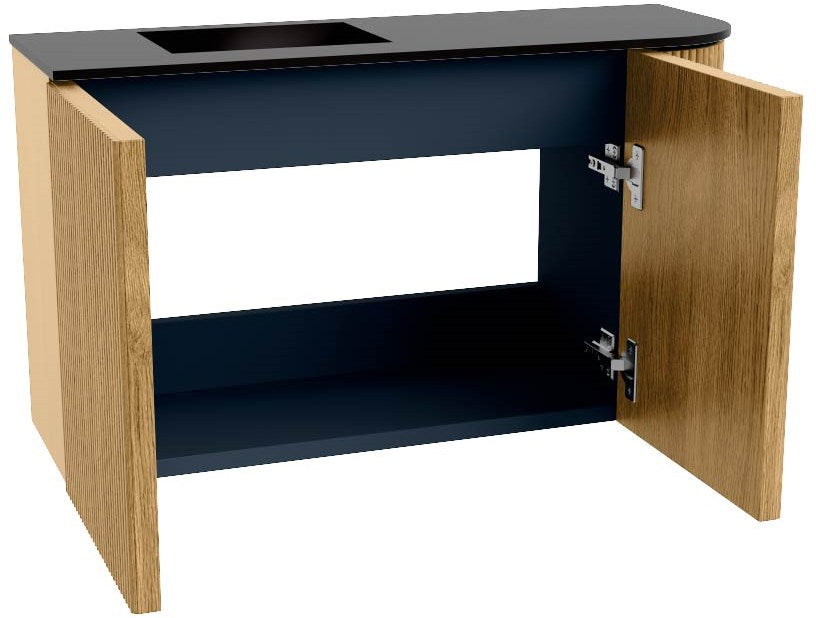 JOYA 71,6cm toiletmeubel ronding rechts kleur Oak. Wastafel FAYE positie Links Zonder kraangat kleur Urban.