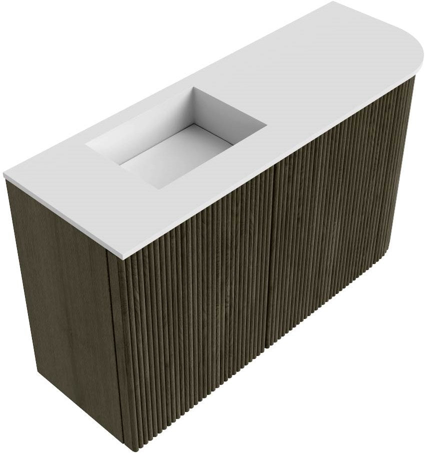 JOYA 71,6cm toiletmeubel ronding rechts kleur Shadow. Wastafel FAYE positie Links Zonder kraangat kleur Talc.