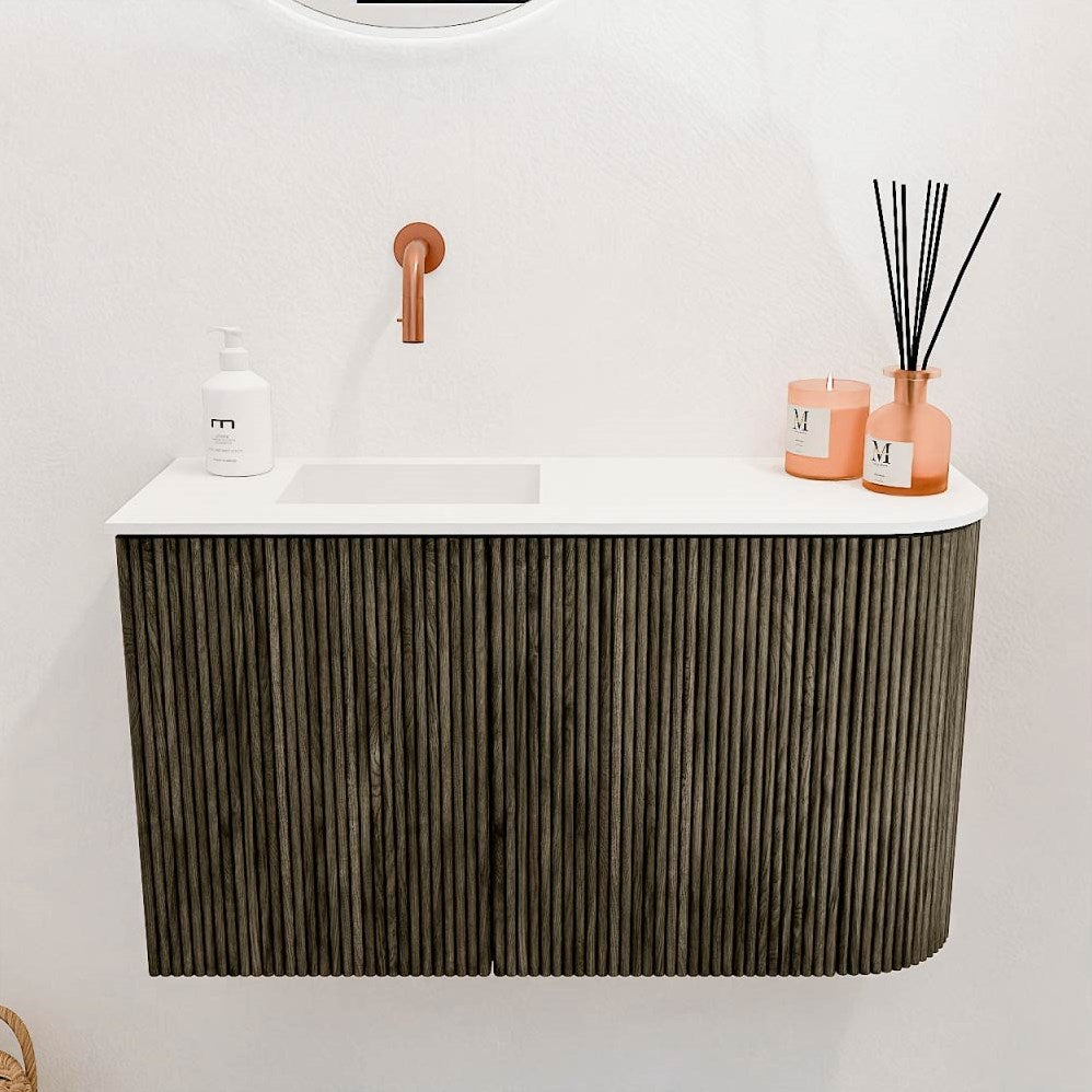 JOYA 71,6cm toiletmeubel ronding rechts kleur Shadow. Wastafel FAYE positie Links Zonder kraangat kleur Talc.