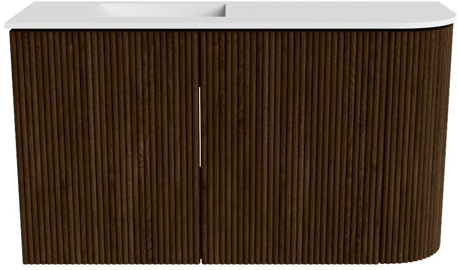 JOYA 71,6cm toiletmeubel ronding rechts kleur Walnut. Wastafel FAYE positie Links Zonder kraangat kleur Talc.