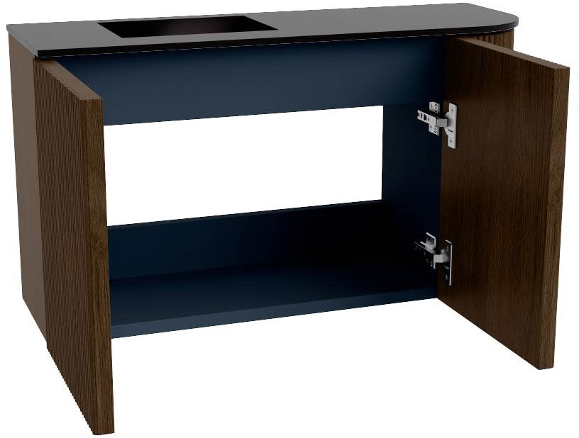 JOYA 71,6cm toiletmeubel ronding rechts kleur Walnut. Wastafel FAYE positie Links Zonder kraangat kleur Urban.