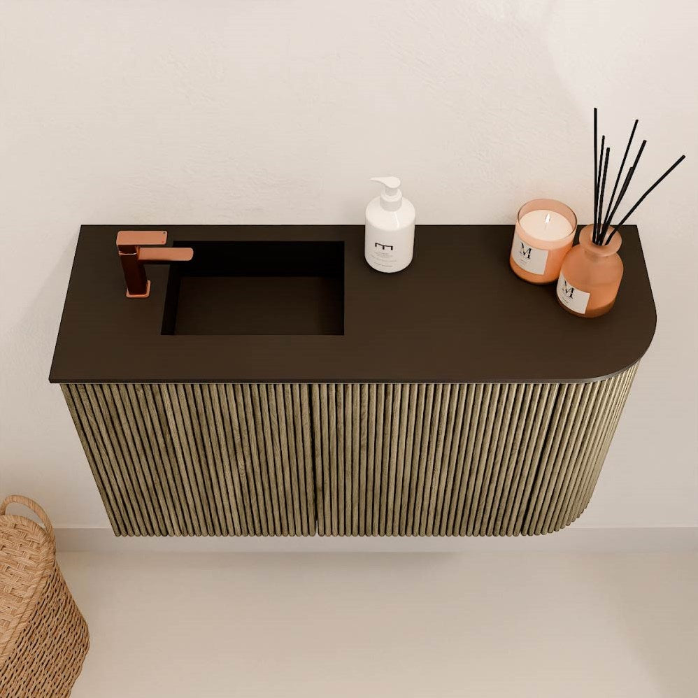 JOYA 71,6cm toiletmeubel ronding rechts kleur Dusk. Wastafel FAYE positie Links 1 kraangat kleur Urban.