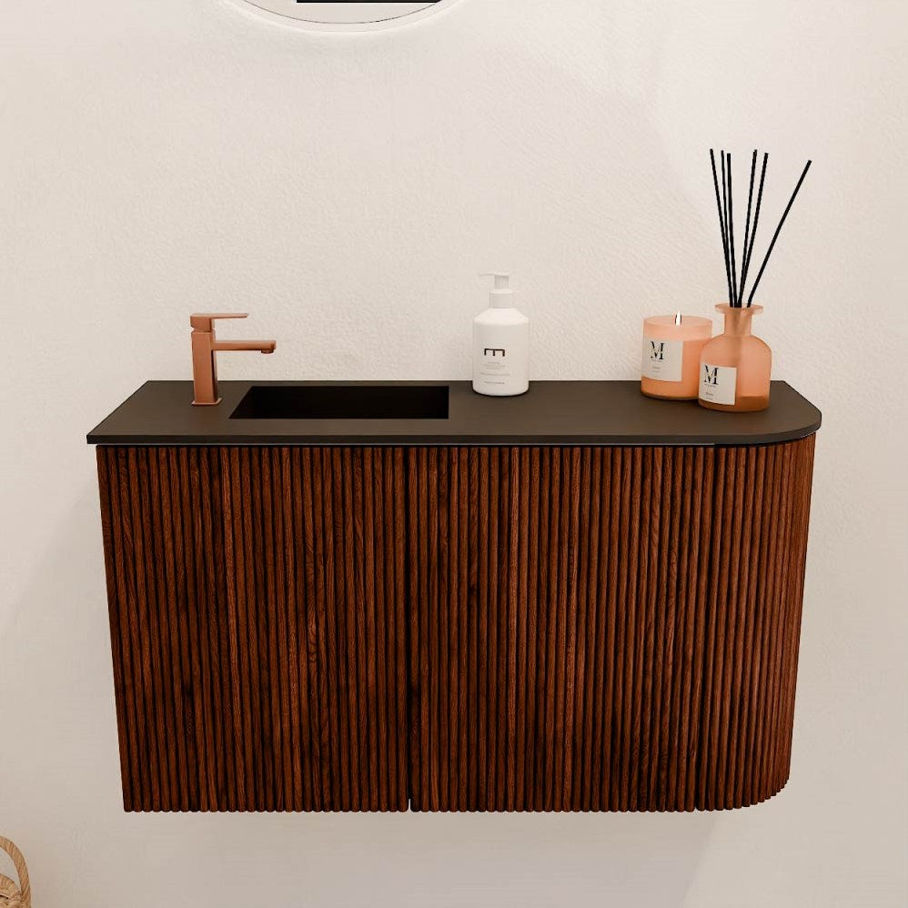 JOYA 71,6cm toiletmeubel ronding rechts kleur Ruby. Wastafel FAYE positie Links 1 kraangat kleur Urban.