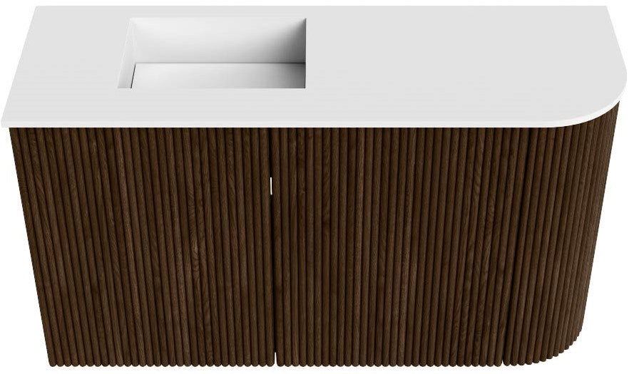 JOYA 71,6cm toiletmeubel ronding rechts kleur Walnut. Wastafel FAYE positie Links 1 kraangat kleur Talc.