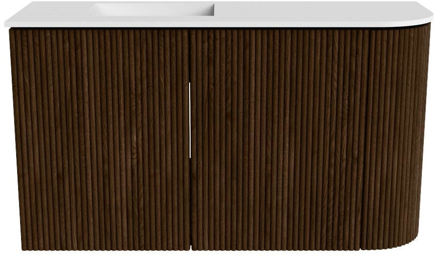 JOYA 71,6cm toiletmeubel ronding rechts kleur Walnut. Wastafel FAYE positie Links 1 kraangat kleur Talc.
