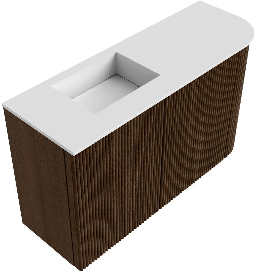 JOYA 71,6cm toiletmeubel ronding rechts kleur Walnut. Wastafel FAYE positie Links 1 kraangat kleur Talc.
