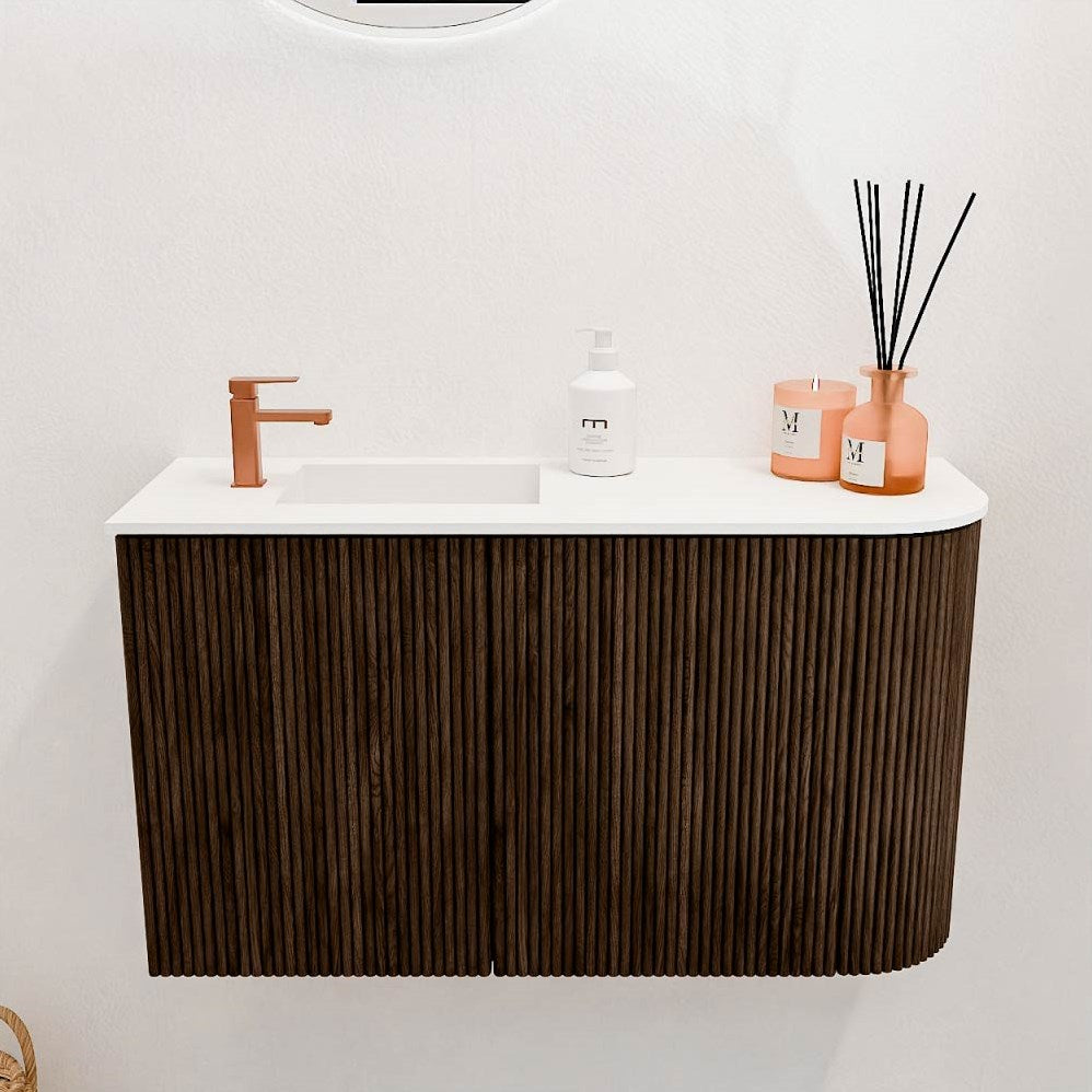 JOYA 71,6cm toiletmeubel ronding rechts kleur Walnut. Wastafel FAYE positie Links 1 kraangat kleur Talc.