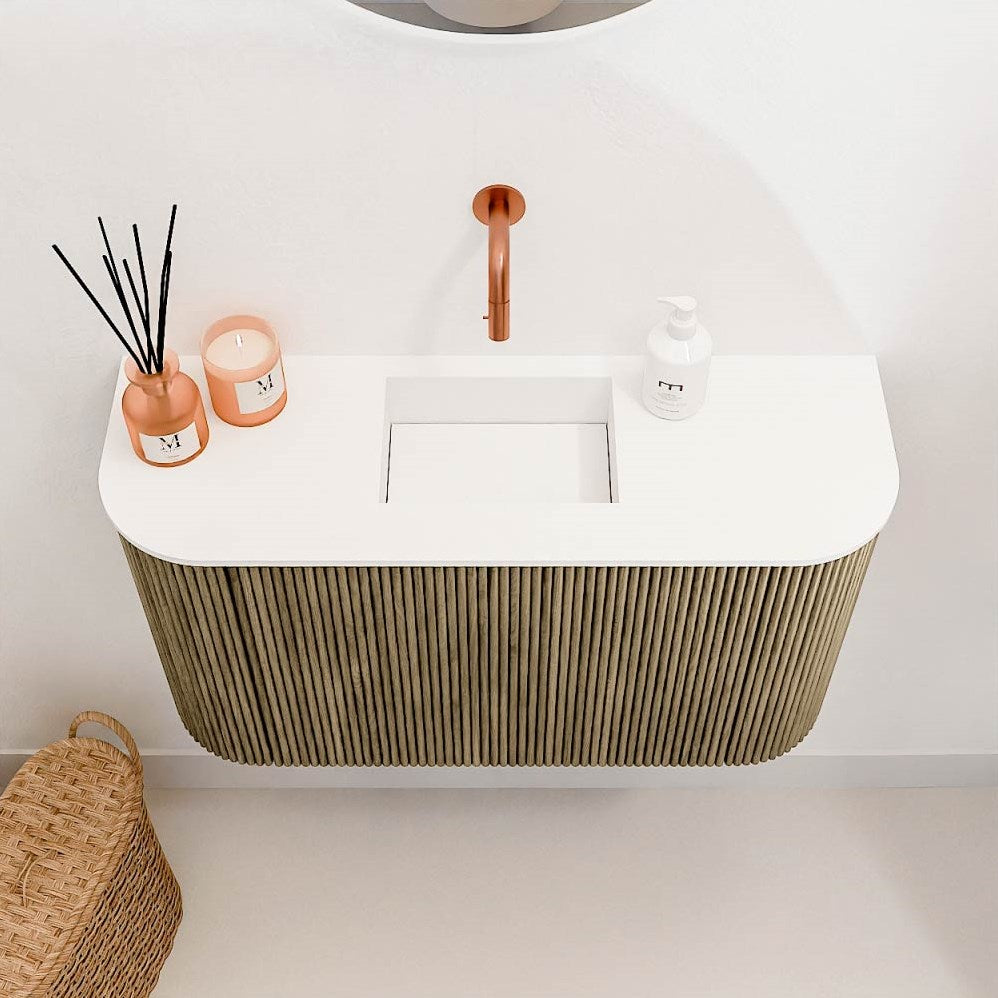 JOYA 73,2cm toiletmeubel ronding links + rechts kleur Dusk. Wastafel FAYE positie Midden Zonder kraangat kleur Talc.