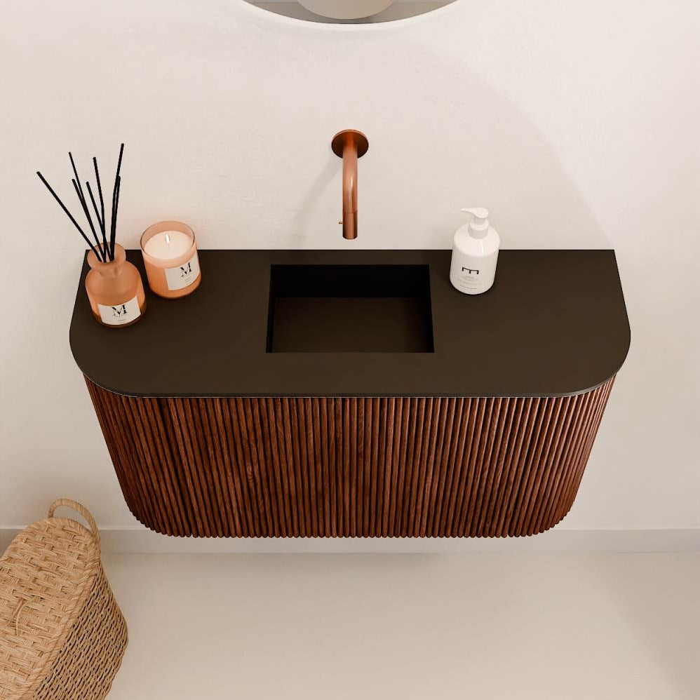 JOYA 73,2cm toiletmeubel ronding links + rechts kleur Ruby. Wastafel FAYE positie Midden Zonder kraangat kleur Urban.