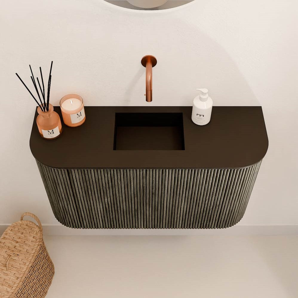 JOYA 73,2cm toiletmeubel ronding links + rechts kleur Shadow. Wastafel FAYE positie Midden Zonder kraangat kleur Urban.