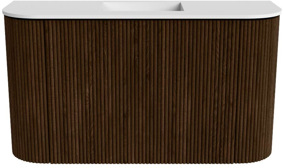 JOYA 73,2cm toiletmeubel ronding links + rechts kleur Walnut. Wastafel FAYE positie Midden Zonder kraangat kleur Talc.