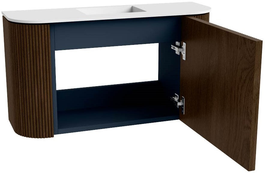 JOYA 73,2cm toiletmeubel ronding links + rechts kleur Walnut. Wastafel FAYE positie Midden Zonder kraangat kleur Talc.