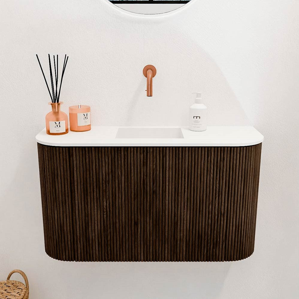 JOYA 73,2cm toiletmeubel ronding links + rechts kleur Walnut. Wastafel FAYE positie Midden Zonder kraangat kleur Talc.
