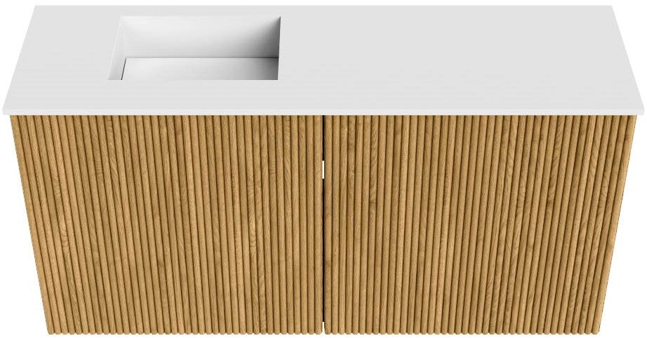JOYA 80cm toiletmeubel kleur Oak. Wastafel FAYE positie Links Zonder kraangat kleur Talc.