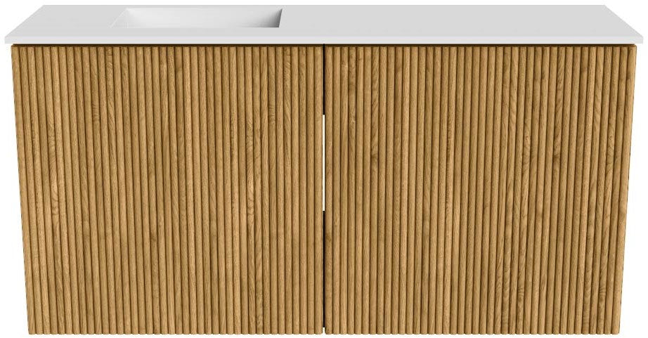 JOYA 80cm toiletmeubel kleur Oak. Wastafel FAYE positie Links Zonder kraangat kleur Talc.