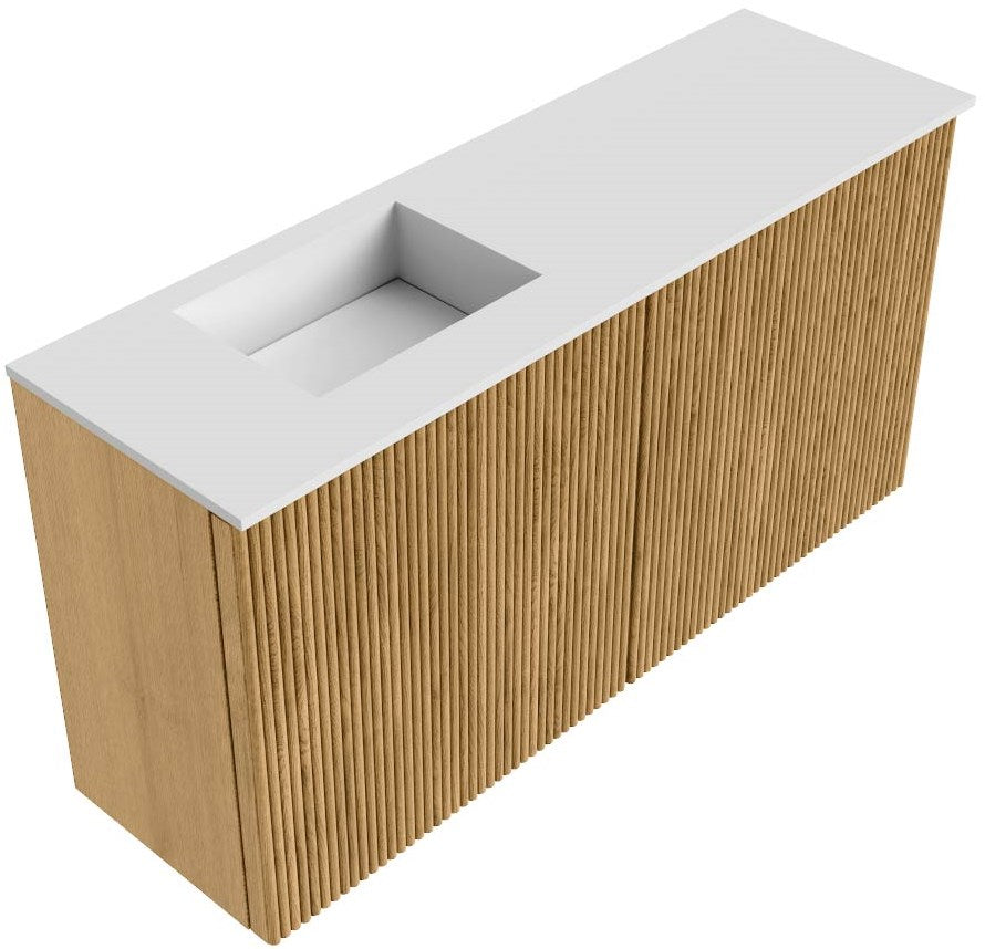 JOYA 80cm toiletmeubel kleur Oak. Wastafel FAYE positie Links Zonder kraangat kleur Talc.