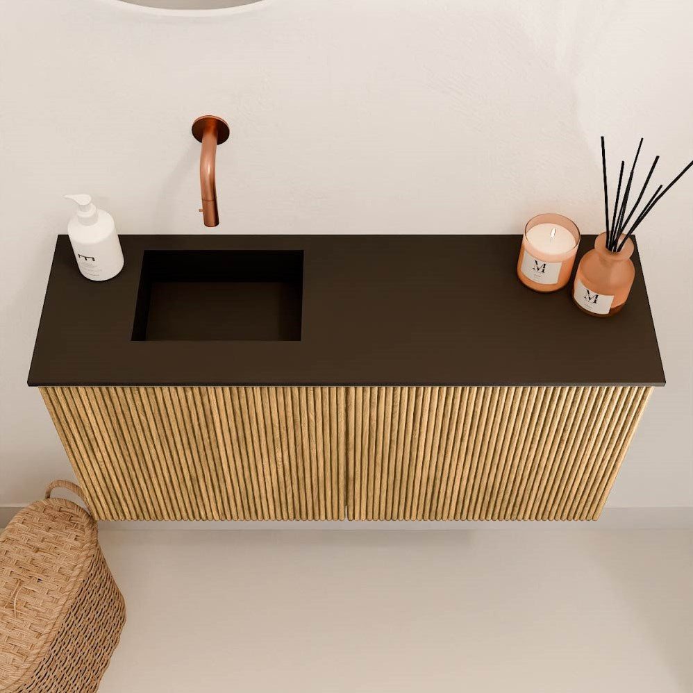 JOYA 80cm toiletmeubel kleur Oak. Wastafel FAYE positie Links Zonder kraangat kleur Urban.